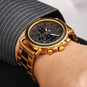 Black And Gold Chronograph With Black Walnut Dial And Bezel